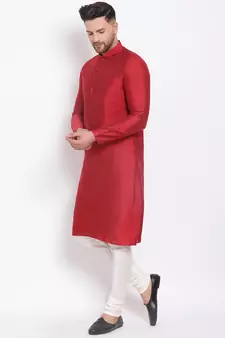 Men's Cotton Silk Solid Maroon Colour Straight Kurta With Payjama