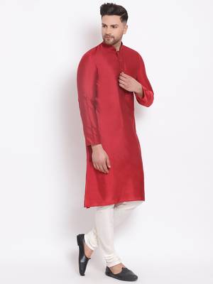 Men's Cotton Silk Solid Maroon Colour Straight Kurta With Payjama 3