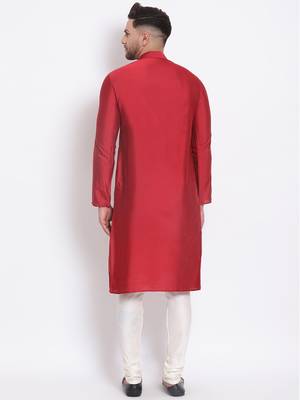 Men's Cotton Silk Solid Maroon Colour Straight Kurta With Payjama 4