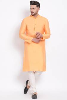 Men's Cotton Silk Solid Papaya Colour Straight Kurta With Payjama