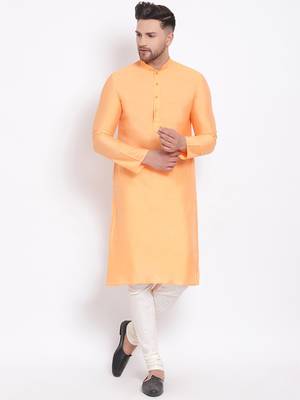 Men's Cotton Silk Solid Papaya Colour Straight Kurta With Payjama 1