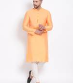 Men's Cotton Silk Solid Papaya Colour Straight Kurta With Payjama