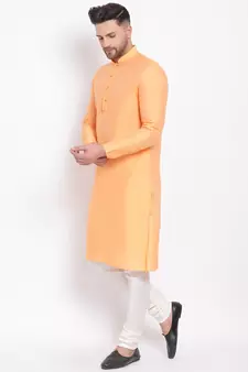 Men's Cotton Silk Solid Papaya Colour Straight Kurta With Payjama