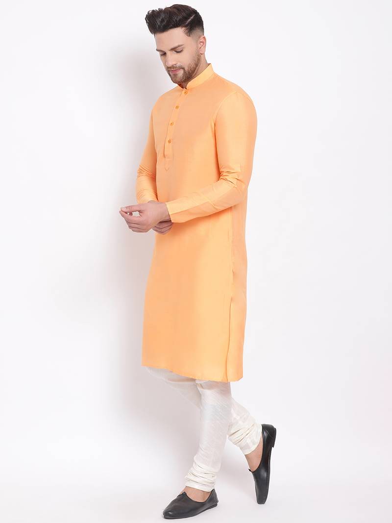 Men's Cotton Silk Solid Papaya Colour Straight Kurta With Payjama
