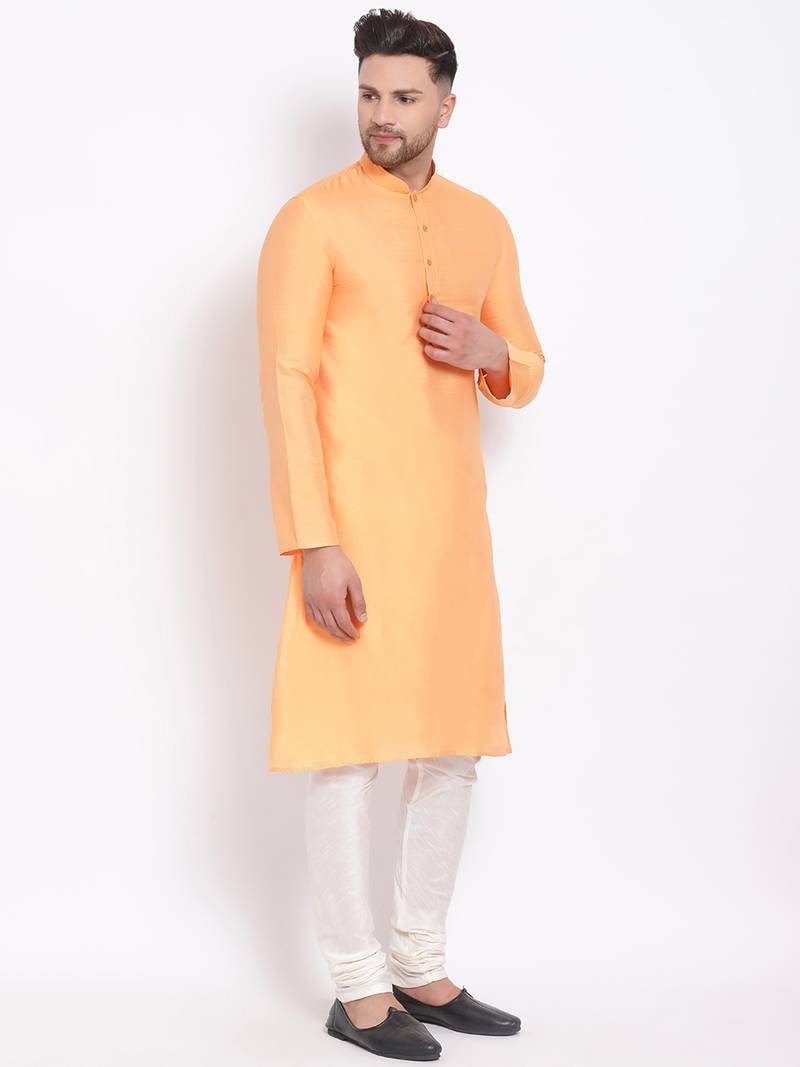 Men's Cotton Silk Solid Papaya Colour Straight Kurta With Payjama