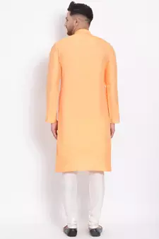 Men's Cotton Silk Solid Papaya Colour Straight Kurta With Payjama