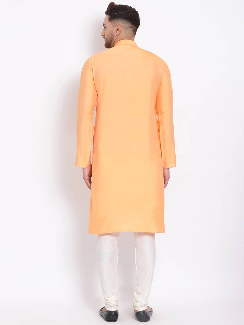 Men's Cotton Silk Solid Papaya Colour Straight Kurta With Payjama