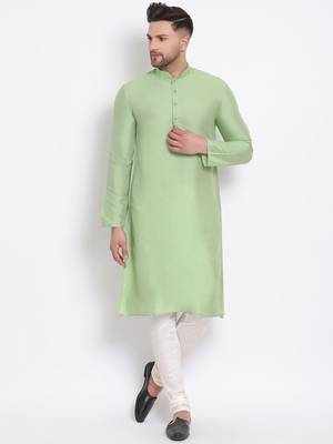 Men's Cotton Silk Solid Parrot Green Colour Straight Kurta With Payjama 1