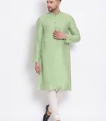Men's Cotton Silk Solid Parrot Green Colour Straight Kurta With Payjama