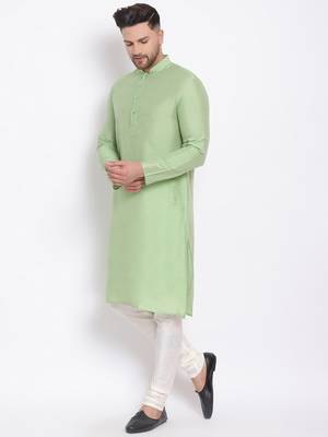 Men's Cotton Silk Solid Parrot Green Colour Straight Kurta With Payjama 2