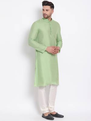 Men's Cotton Silk Solid Parrot Green Colour Straight Kurta With Payjama 3