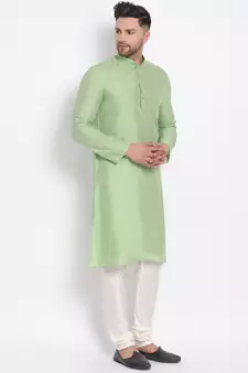 Men's Cotton Silk Solid Parrot Green Colour Straight Kurta With Payjama