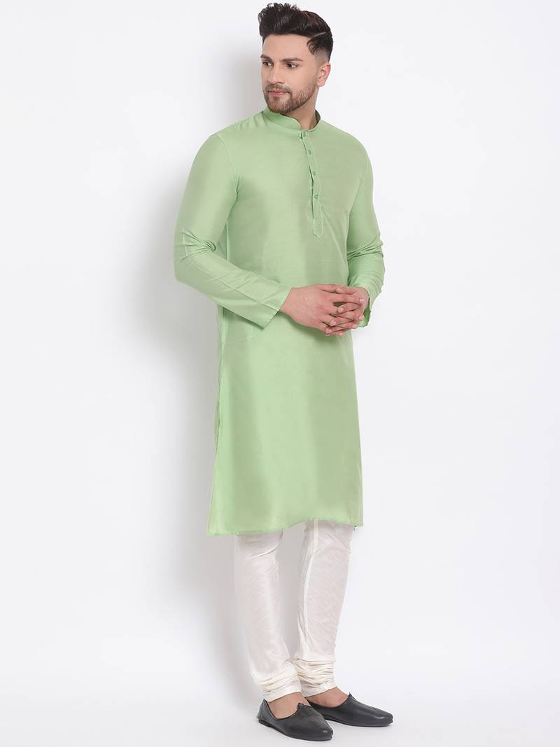 Men's Cotton Silk Solid Parrot Green Colour Straight Kurta With Payjama