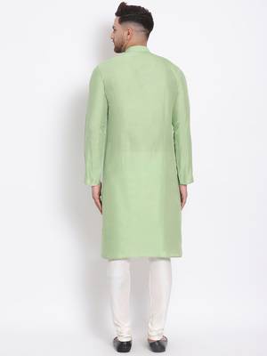 Men's Cotton Silk Solid Parrot Green Colour Straight Kurta With Payjama 4