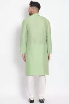 Men's Cotton Silk Solid Parrot Green Colour Straight Kurta With Payjama