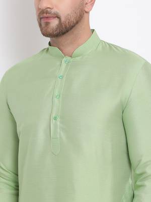 Men's Cotton Silk Solid Parrot Green Colour Straight Kurta With Payjama 5