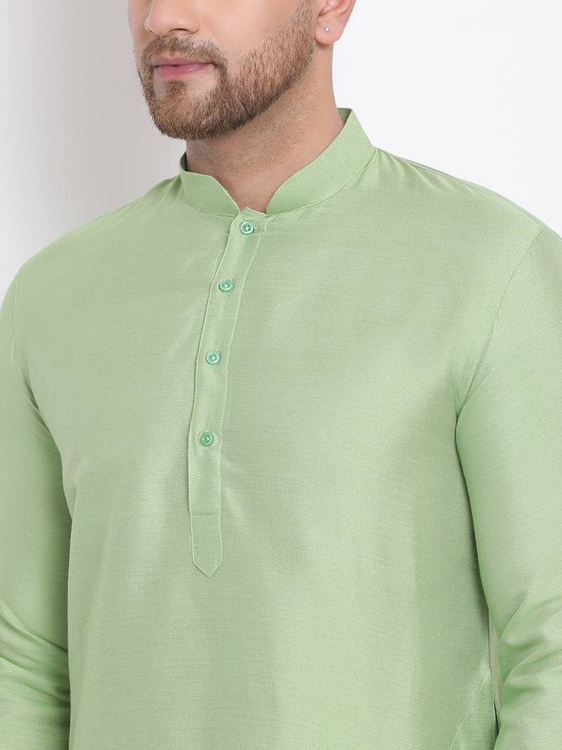 Men's Cotton Silk Solid Parrot Green Colour Straight Kurta With Payjama