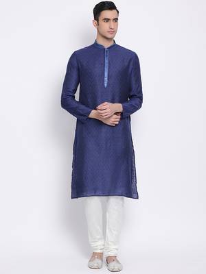 Men Deep Blue & White Woven Design Straight Kurta with Pyjama 1