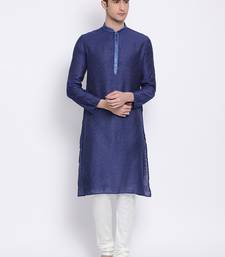 Men Deep Blue & White Woven Design Straight Kurta with Pyjama