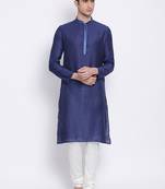 Men Deep Blue & White Woven Design Straight Kurta with Pyjama