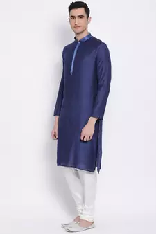 Men Deep Blue & White Woven Design Straight Kurta with Pyjama