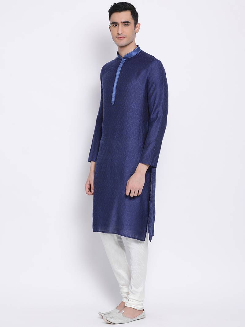 Men Deep Blue & White Woven Design Straight Kurta with Pyjama