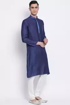 Men Deep Blue & White Woven Design Straight Kurta with Pyjama