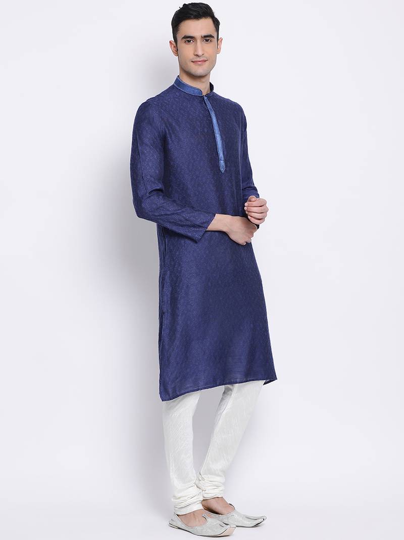 Men Deep Blue & White Woven Design Straight Kurta with Pyjama