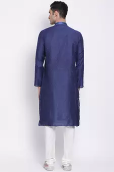 Men Deep Blue & White Woven Design Straight Kurta with Pyjama