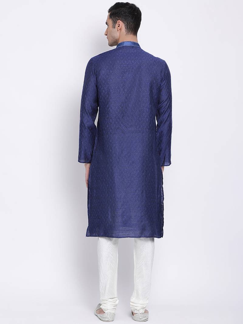Men Deep Blue & White Woven Design Straight Kurta with Pyjama