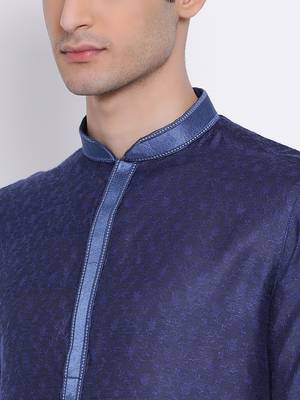 Men Deep Blue & White Woven Design Straight Kurta with Pyjama 5