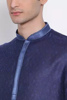 Men Deep Blue & White Woven Design Straight Kurta with Pyjama