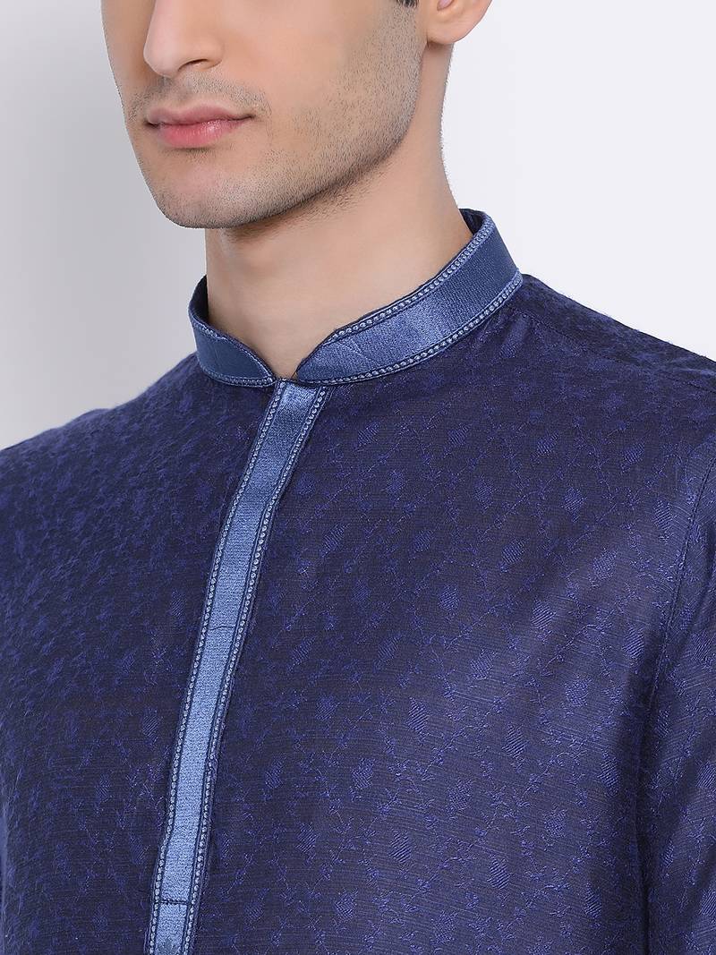 Men Deep Blue & White Woven Design Straight Kurta with Pyjama