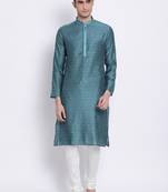 Men Deep Green & White Woven Design Straight Kurta with Pyjama