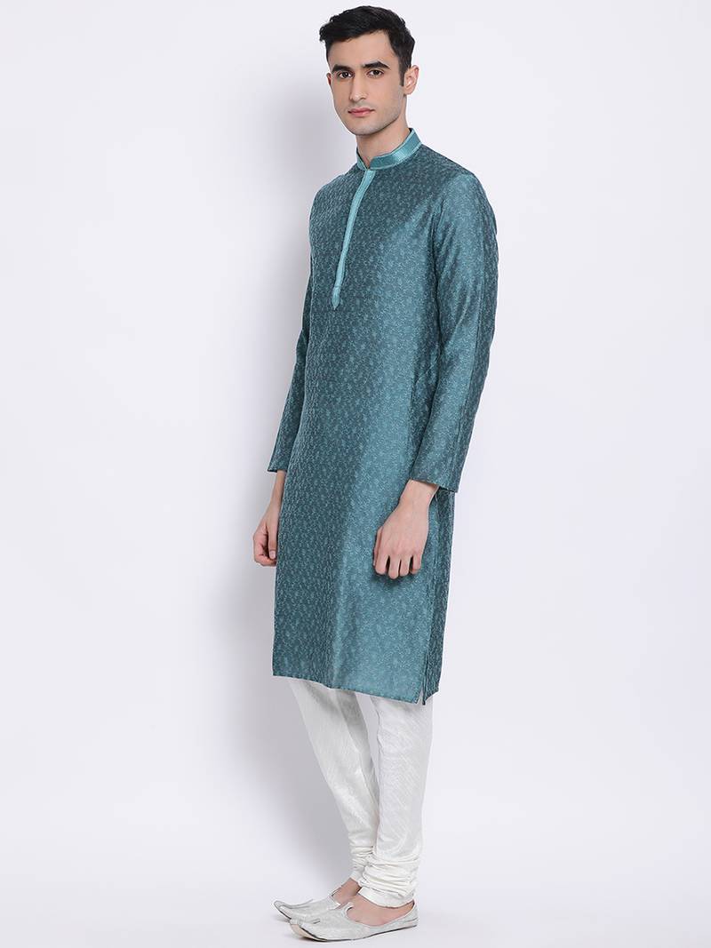Men Deep Green & White Woven Design Straight Kurta with Pyjama