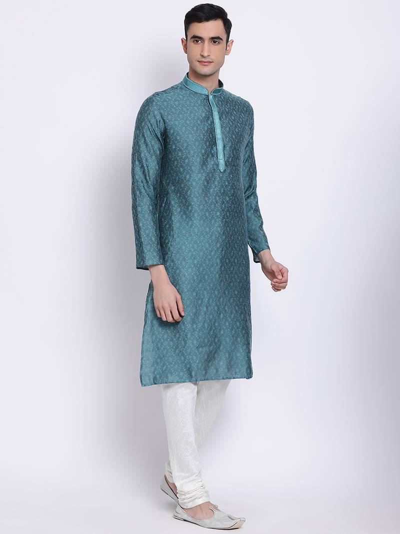Men Deep Green & White Woven Design Straight Kurta with Pyjama