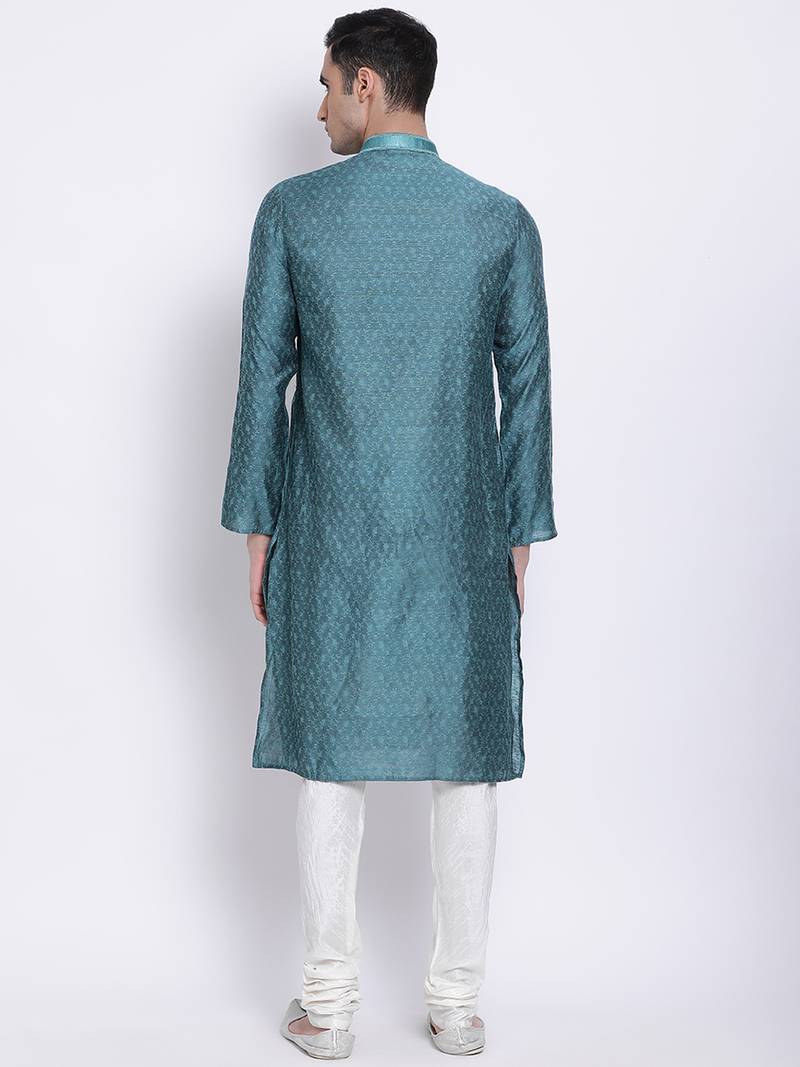 Men Deep Green & White Woven Design Straight Kurta with Pyjama