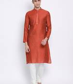 Men Rust & White Woven Design Straight Kurta with Pyjama