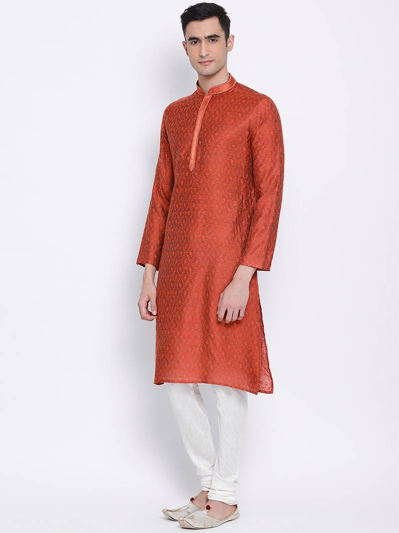 Men Rust & White Woven Design Straight Kurta with Pyjama