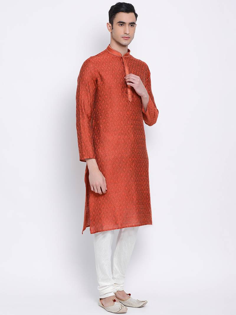 Men Rust & White Woven Design Straight Kurta with Pyjama