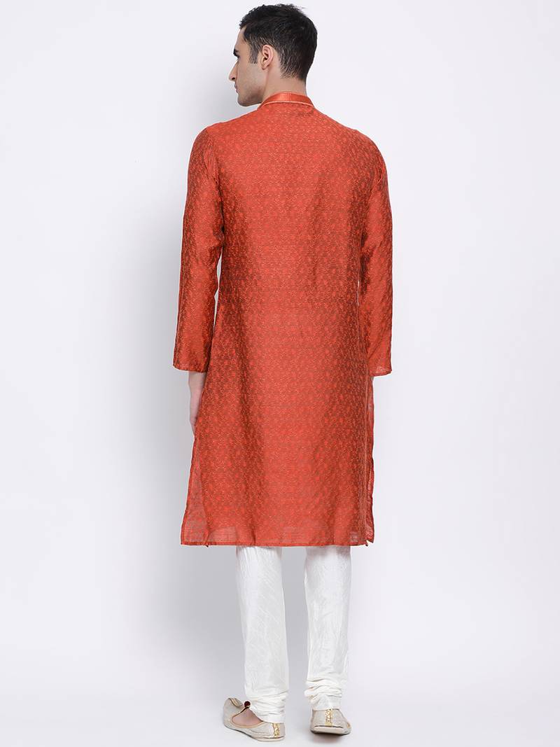Men Rust & White Woven Design Straight Kurta with Pyjama