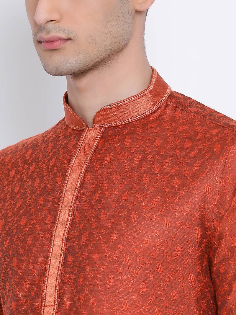 Men Rust & White Woven Design Straight Kurta with Pyjama