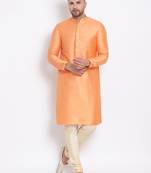Men's Art Silk Solid Orange Colour Straight Kurta With Payjama