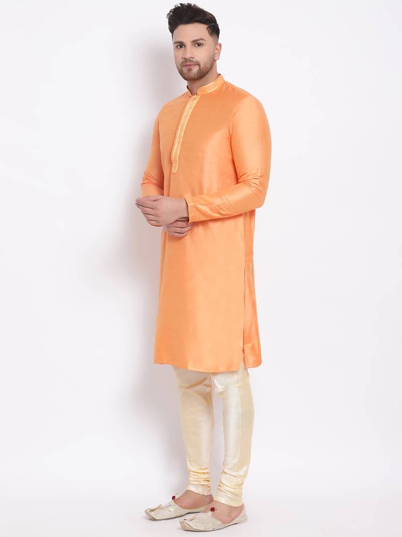 Men's Art Silk Solid Orange Colour Straight Kurta With Payjama