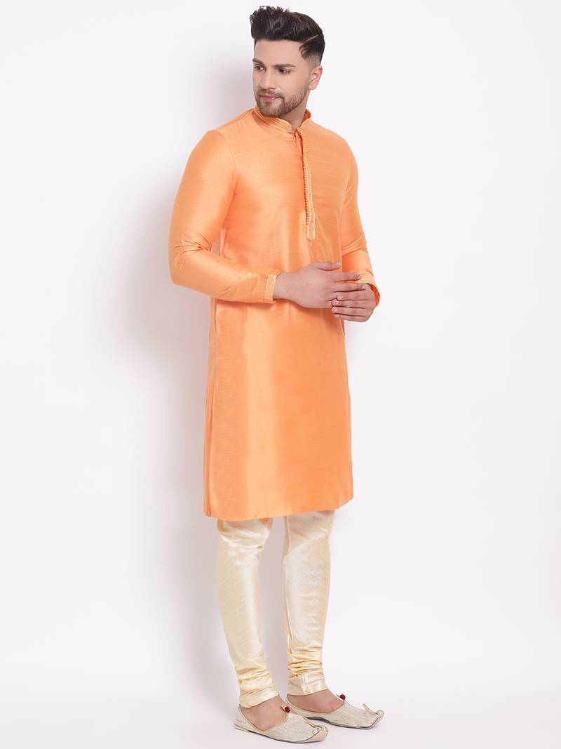Men's Art Silk Solid Orange Colour Straight Kurta With Payjama