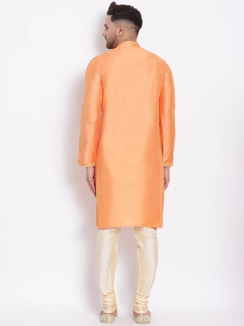Men's Art Silk Solid Orange Colour Straight Kurta With Payjama