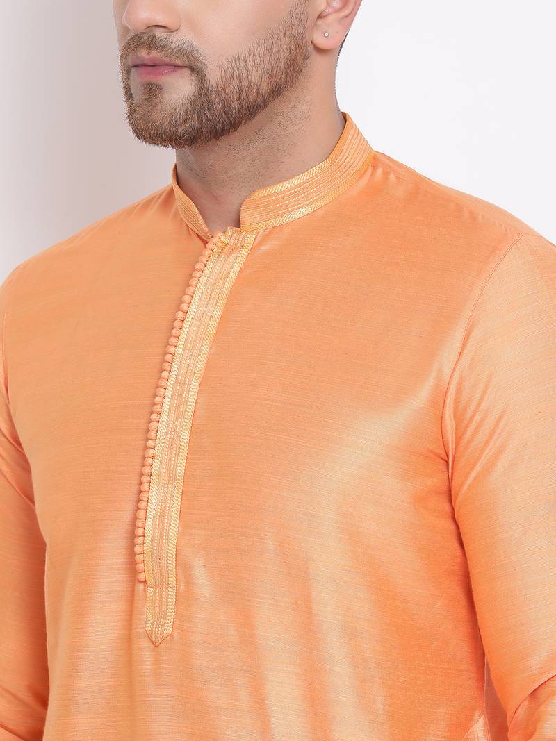 Men's Art Silk Solid Orange Colour Straight Kurta With Payjama