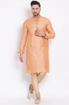 Men's Art Silk Woven Pattern Tender Peach Colour Straight Kurta With Payjama