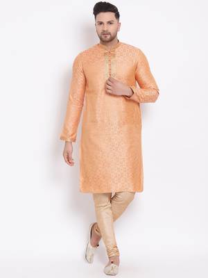 Men's Art Silk Woven Pattern Tender Peach Colour Straight Kurta With Payjama 1