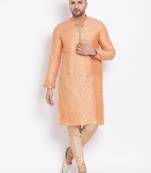 Men's Art Silk Woven Pattern Tender Peach Colour Straight Kurta With Payjama